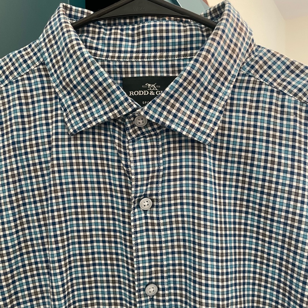 Rodd & Gunn Mens blue teal check button down sports fit long sleeve shirt XL